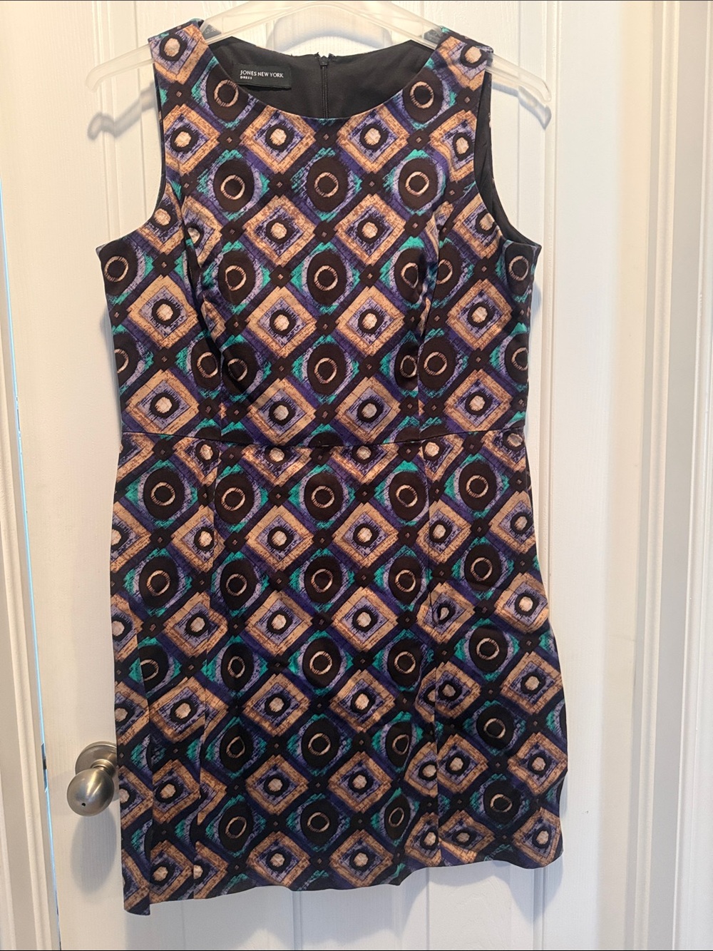 Jones New York Sleeveless Geometric Sheath Dress in Black, Teal & Beige Cotton